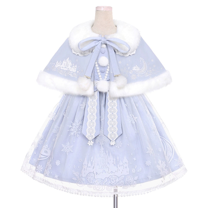 To Alice~Snow Moon Castle~Sweet Lolita Jumper Dress Set Christmas Plush Cape S Light blue suit 