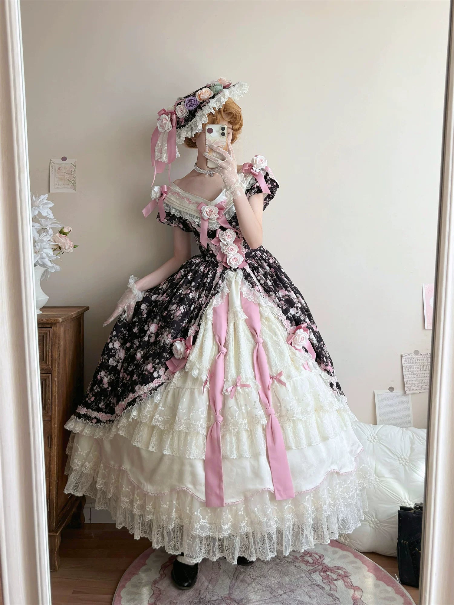 Dolota Flower Wall - Classic Lolita Floral OP Dress, Open Shoulder 44485:811184
