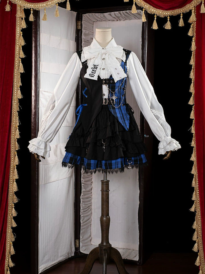 OCELOT~Kalila~Punk Lolita Dress Set Plaid Shorts Set S Blue and Black Plaid- Dress FS Complete Set 