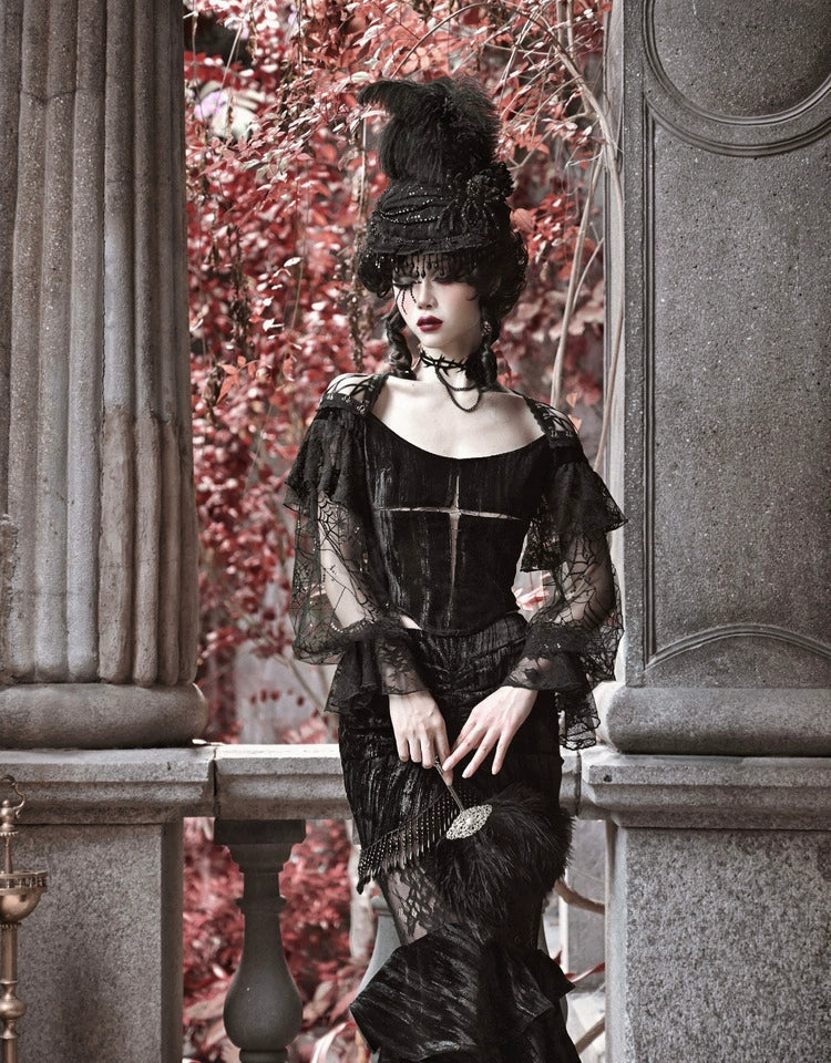Blood Supply~Duchess~Black Gothic Lolita Shirt Cross Velvet Lace Mutton Sleeve Top   