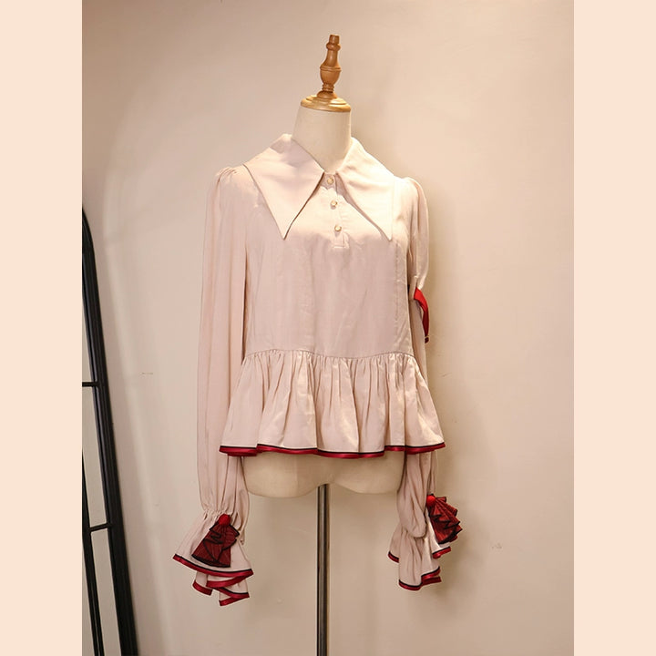 LizBird~Natural Philosophy~Ouji Lolita Shorts Suit Prince Shirt Bloomers Set Tencel Pleated Cuff Shirt Only S