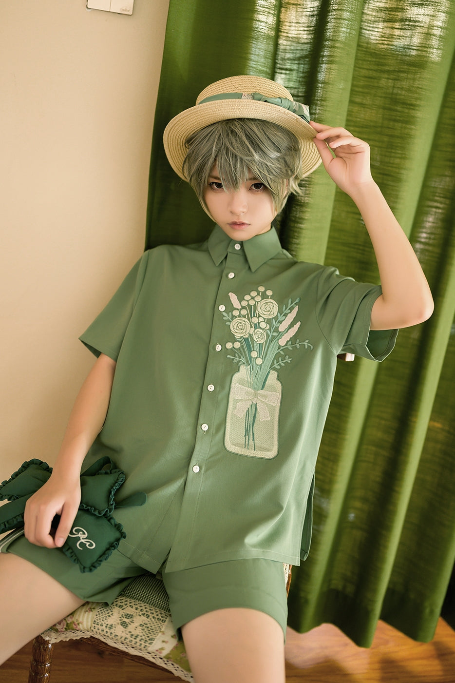 Princess Chronicles~Limited Flowering Time~Ouji Lolita Green Flower Embroidery Shirt   