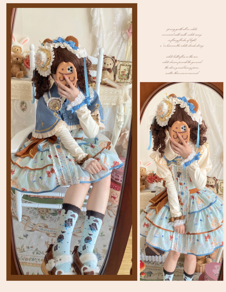 Cheese Mee Mee~Seaside Tea Party~Sweet Lolita Dress Cute Print JSK and Cape Bowler Hat Only S