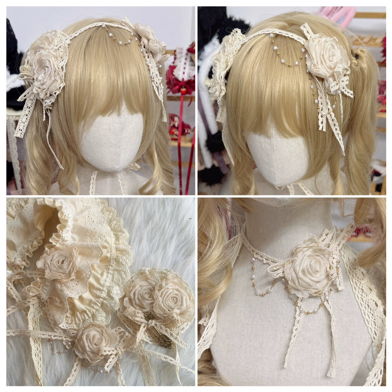 Chestnut Lolita - Elegant Lolita Rose Choker Handmade Headdress Set Multicolors
