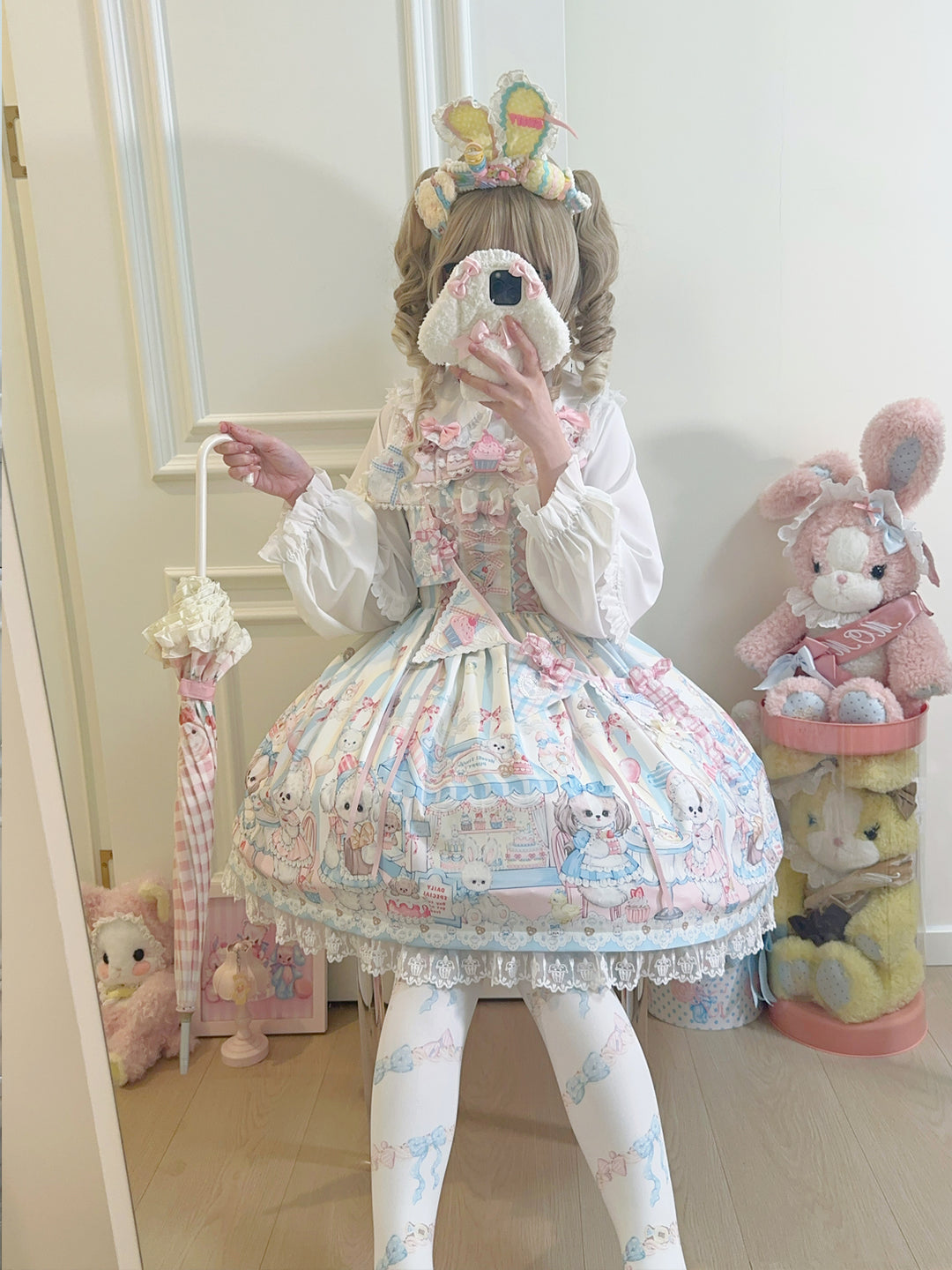 Hanguliang~Sweet Tea Party~Kawaii Lolita JSK Puppy Printed Dress with Sash