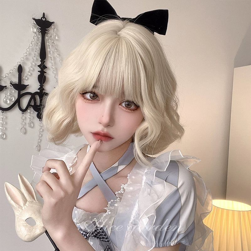 Alicegarden~Sweet Lolita Wigs Short Curly Platinum Color Wigs platinum wig+ a hairnet  