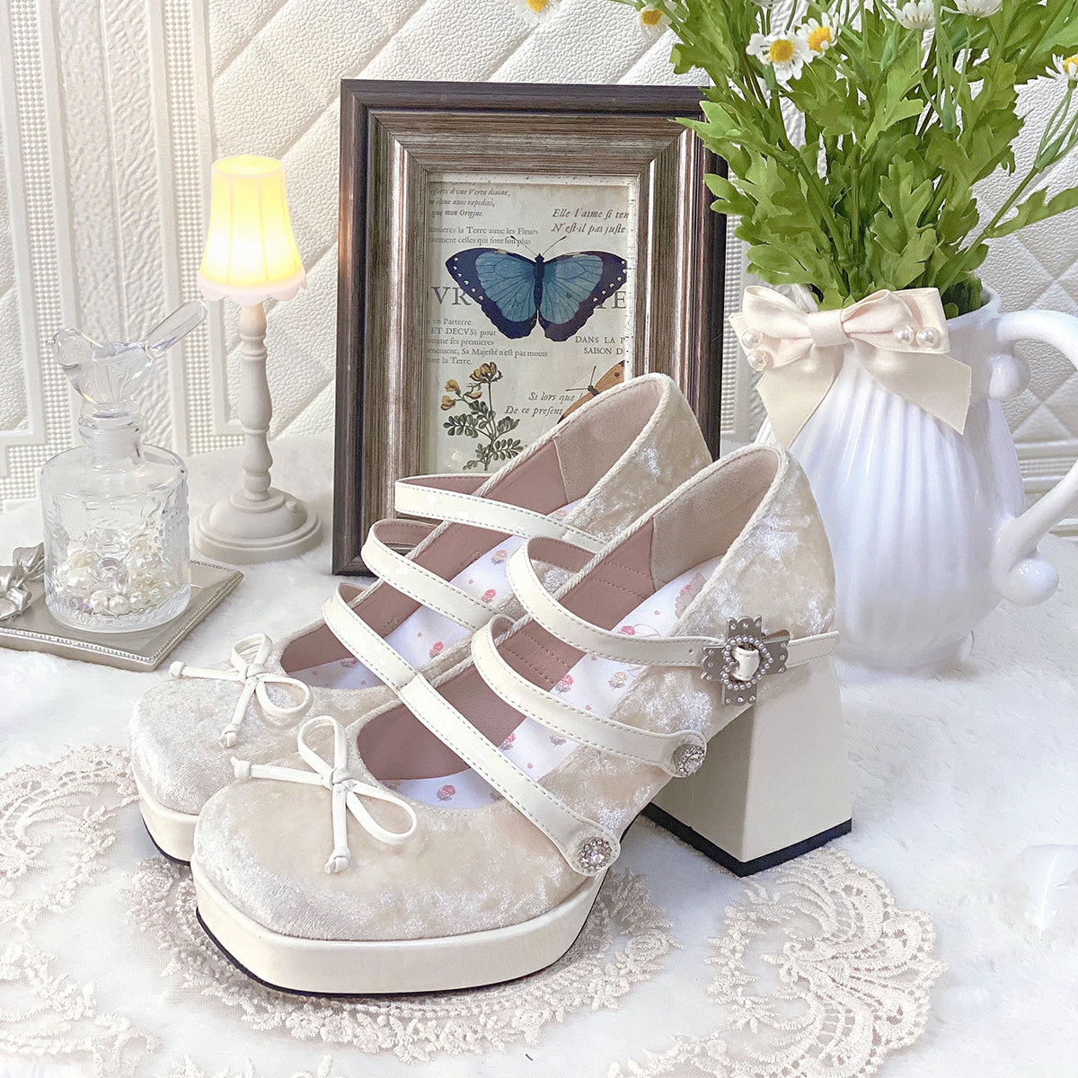 Pure Tea For Dream~Vintage Lolita Velvet Bow High-heel Shoes 35 velvet light apricot 