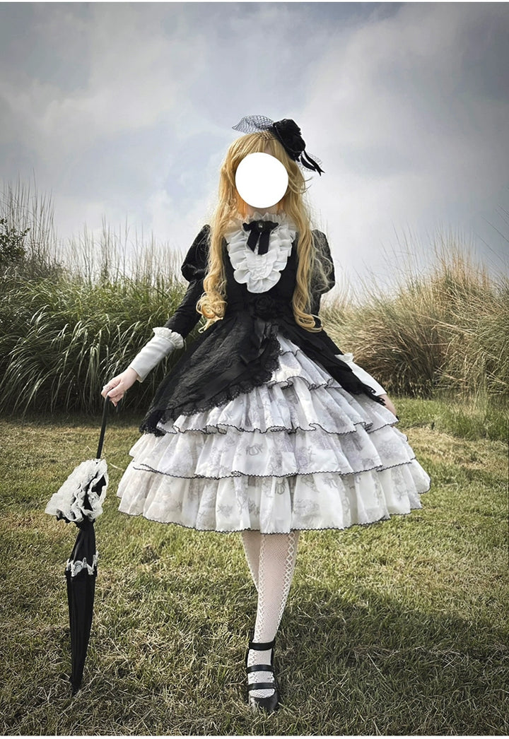 Buling Moon~Vintage Elegant Lolita OP Dress Black White Dress   