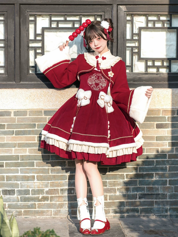 Your Princess~Qi Lolita JSK Suit New Year Lolita Bolero and Dress Bolero + JSK + headdress + tassel S 