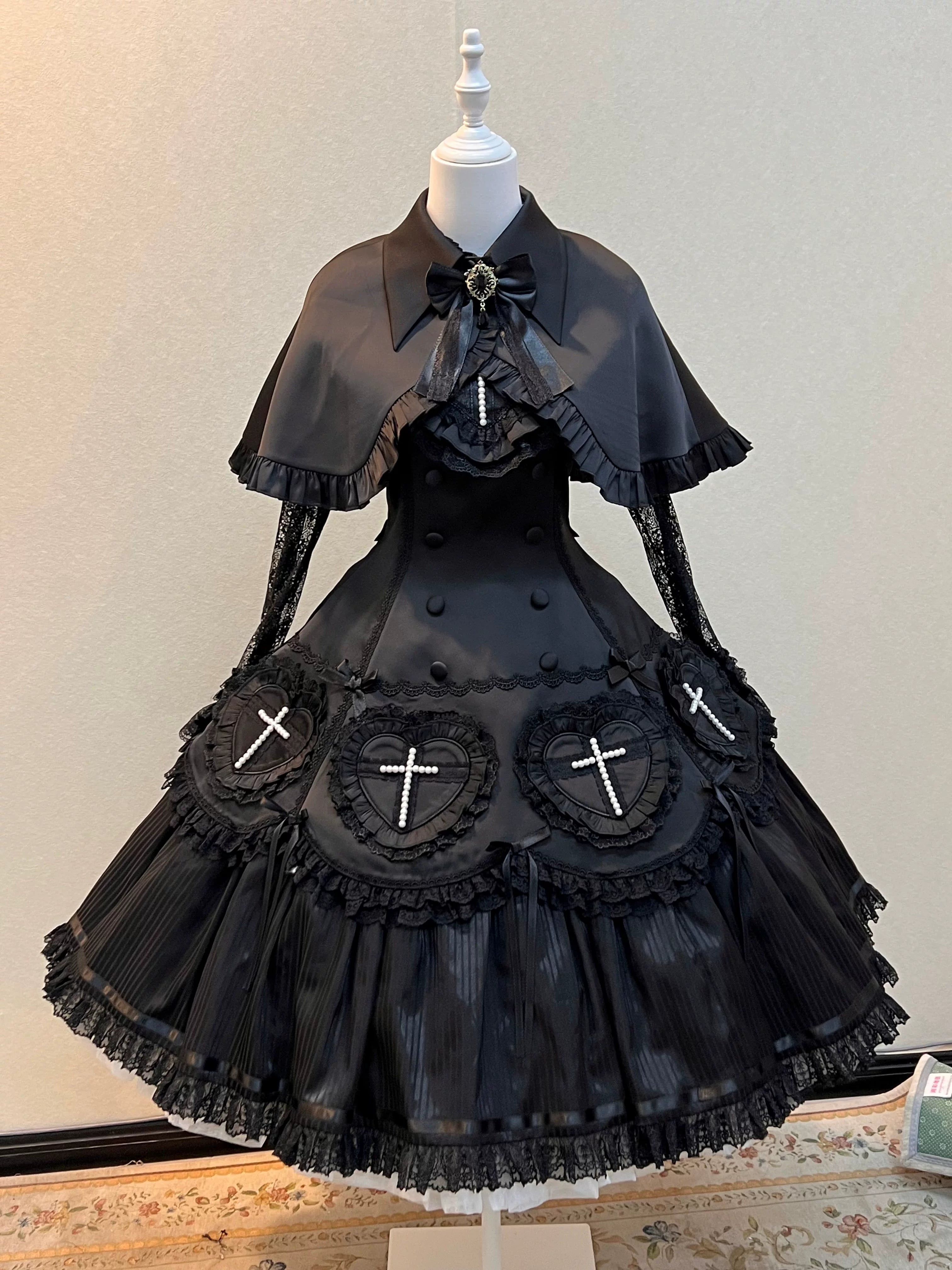 Nocthymn Cross - Gothic Lolita OP Dress with Pearled Cross, Detachable Sleeves 45813:863298
