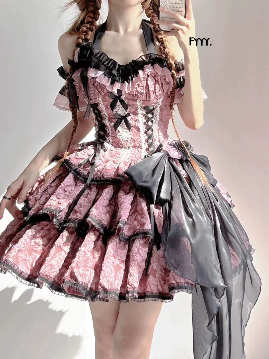 Xingweimian~Medea's Kiss~Gothic Lolita Dress Tiered Hem Pink JSK Dress Set S black and pink JSK 