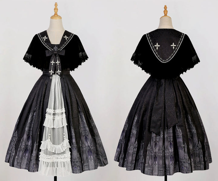 Cornfield Lolita~Silent Church~Gothic Lolita JSK Front Open Printed Dress and Thin Cardigan Set   