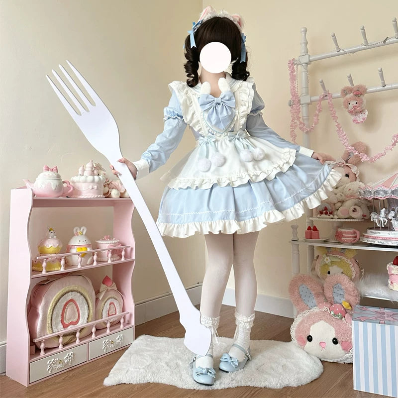 Sweet Bunny Pom-pom - Maid Lolita Bunny Ear Collar OP Dress, Detachable Apron