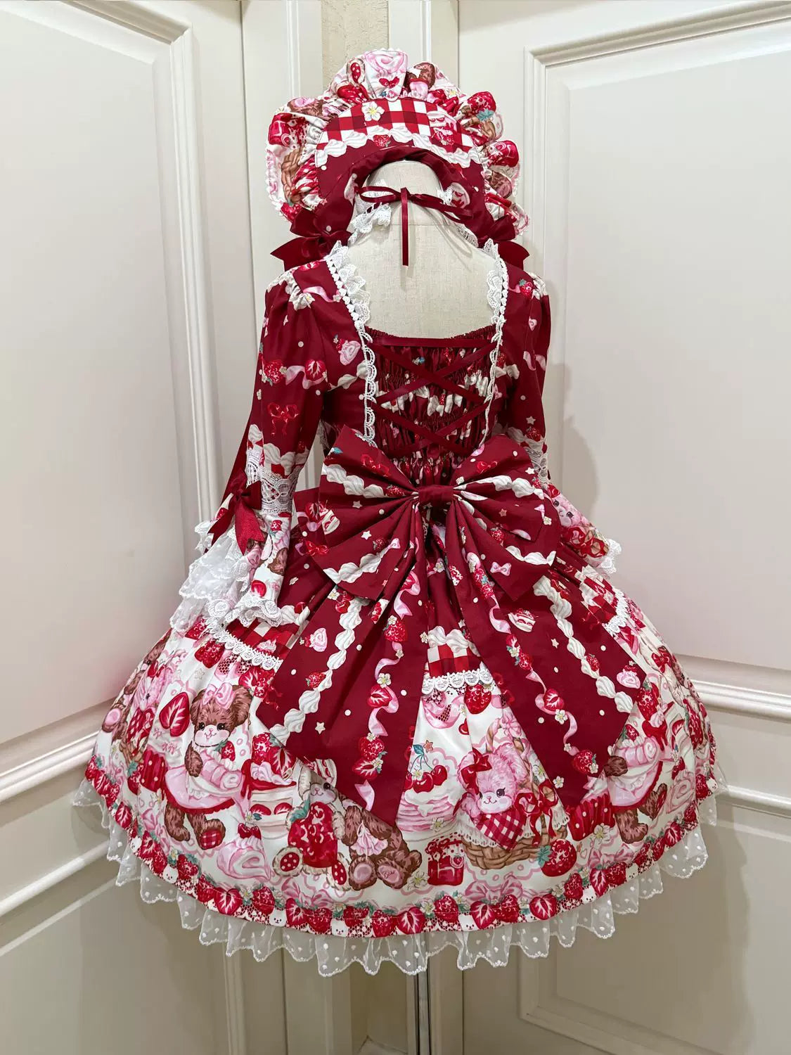 SweetBerry Bunny Bear - Sweet Lolita Hime Sleeve OP Dress, Strawberry and Bear Print Red - OP + Back Trailing Bow S