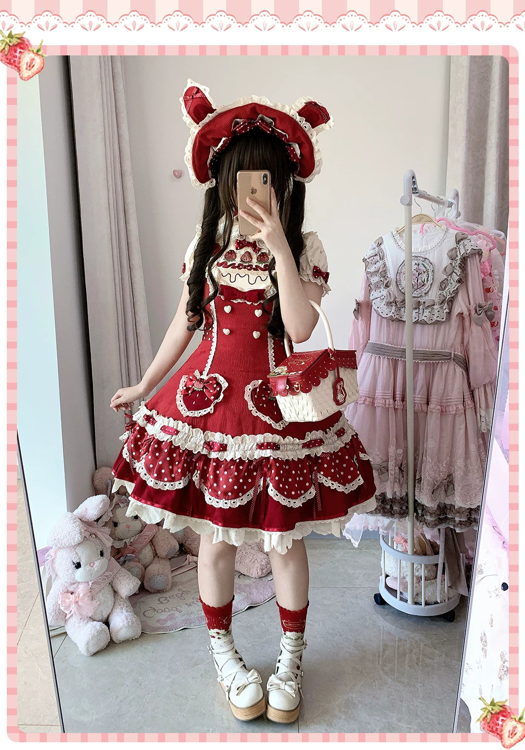 Cream Berry Party - Sweet Lolita JSK Dress, Strawberry Polka-Dot Print 45860:866078