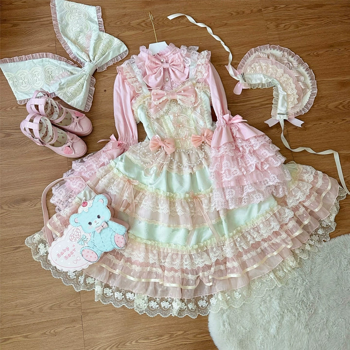 Hanguliang~Star Love Song~Wedding Sweet Lolita JSK Suit Doll-like Dress Green bow trailing (only one) S