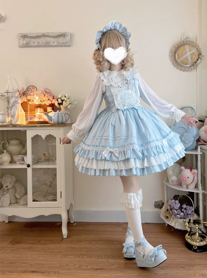 Hanguliang~Sweet Bear~Kawaii Lolita JSK Dress Embroidery Flounce Hem