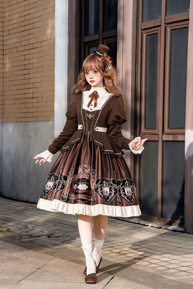 Jinmu~Chocolate Academy~Vintage Lolita OP Long Puff Sleeve Schoolgirl Lolita Dress 40344:657264