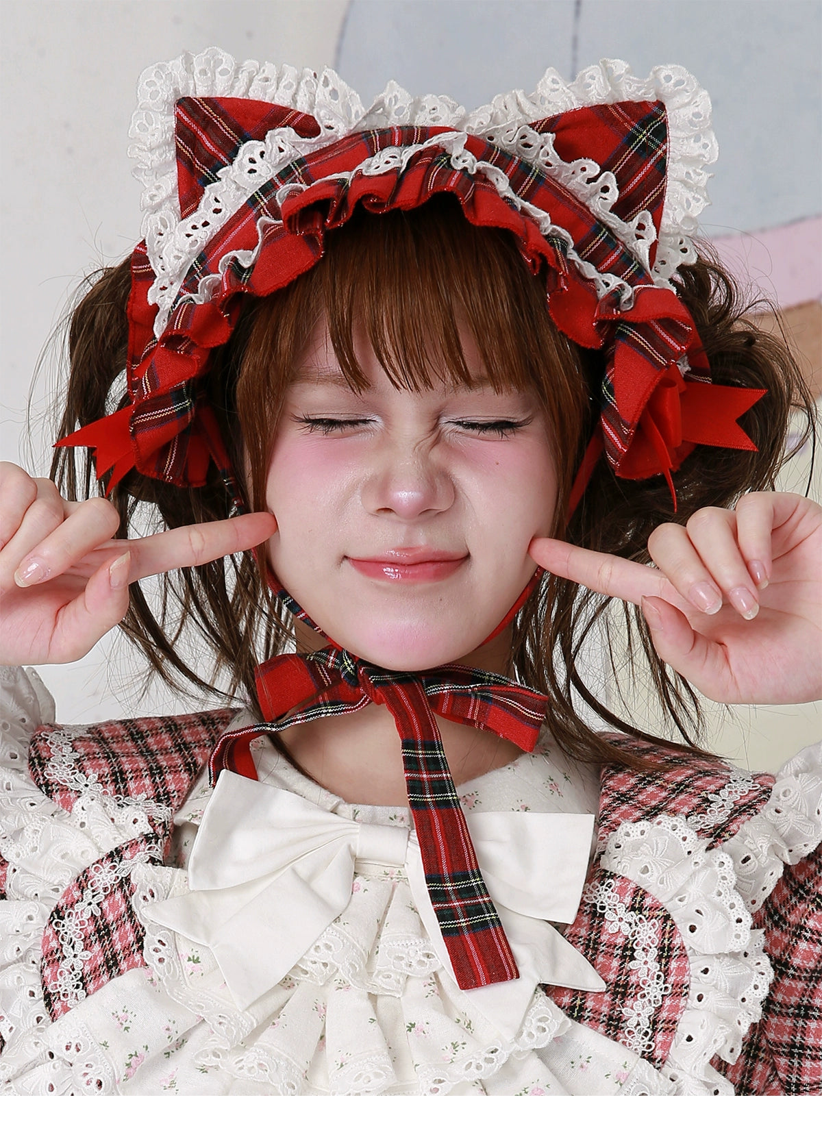 Soso Meme Club - Christmas Sweet Lolita Hairband, Red Plaid Cat Ear 44110:795045