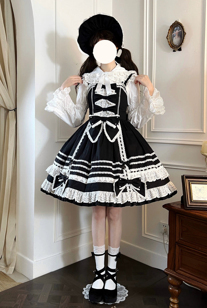 AerialCat~Layered Puffy~Old School Lolita JSK Cotton Vintage Cake Dress black-white JSK only S