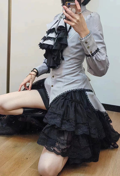 Little Dipper~Gothic Lolita Shirt Long Sleeve Bow Tie Blouse S Light grey 