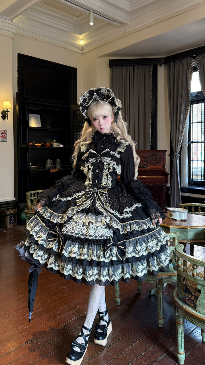 Hanguliang~Gem Crown~Sweet Lolita JSK Suit Tiered Ruffles Doll-Like Dress and BNT 42610:768042