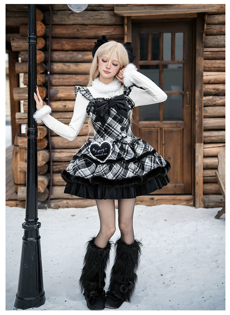 With PUJI - Snow Night Serenade - Fluffy Plaid Kawaii Lolita JSK, Reversible Cape 44279:802332