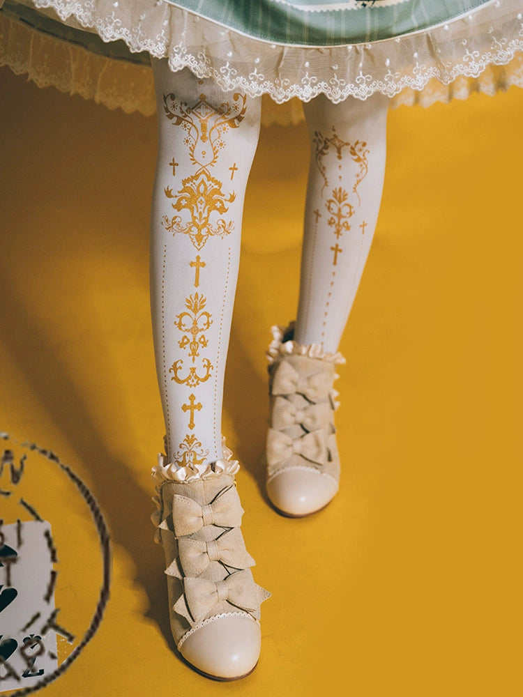 Wulala Mew~Elegant Lolita Pantyhose Daily Gold Stamping Tights Free size White pantyhose + gold print 