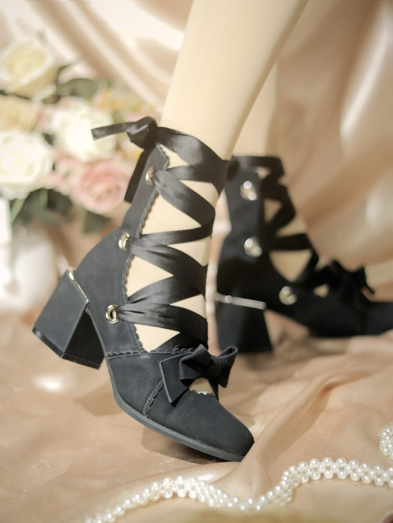 (BFM)MR Qiuti~Muse Kiss~Elegant Lolita Shoes Lace-up Bow Heels Round Toe 35 Suede Black-6cm Heel Hight 