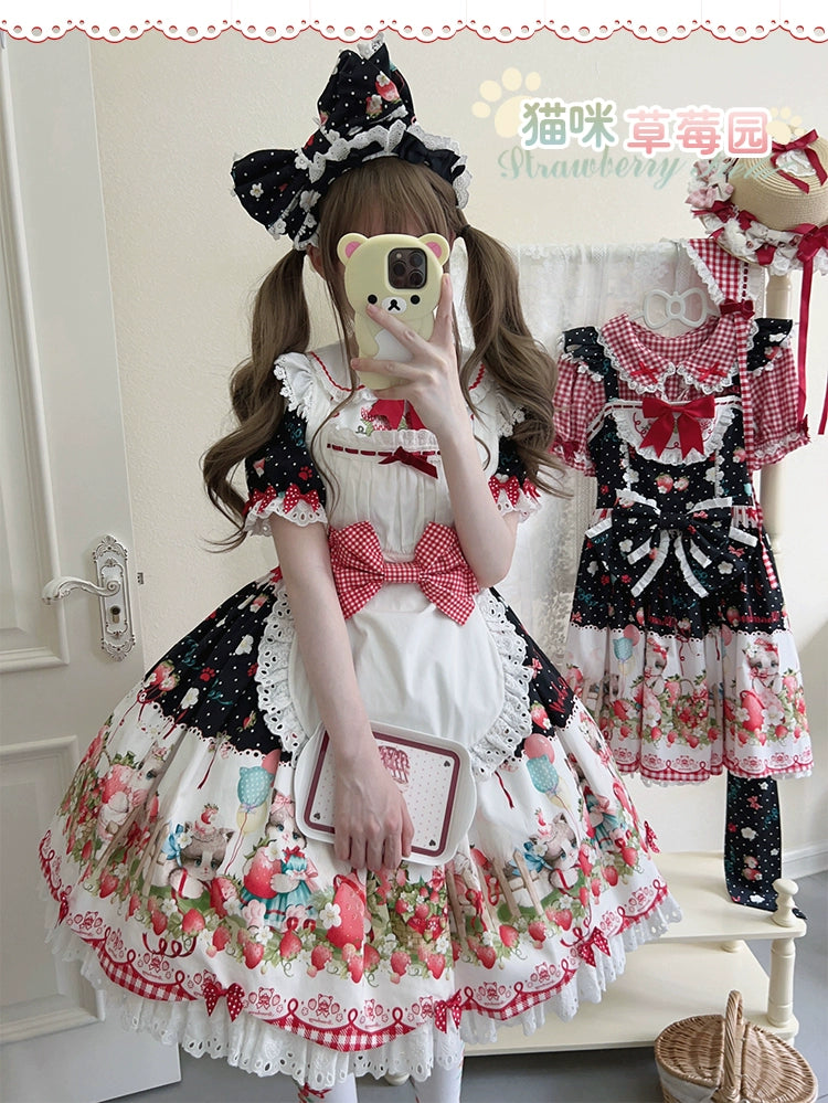 GD Lolita~Cat Strawberry Garden~Sweet Lolita Dress High Waist JSK Strawberry Print OP