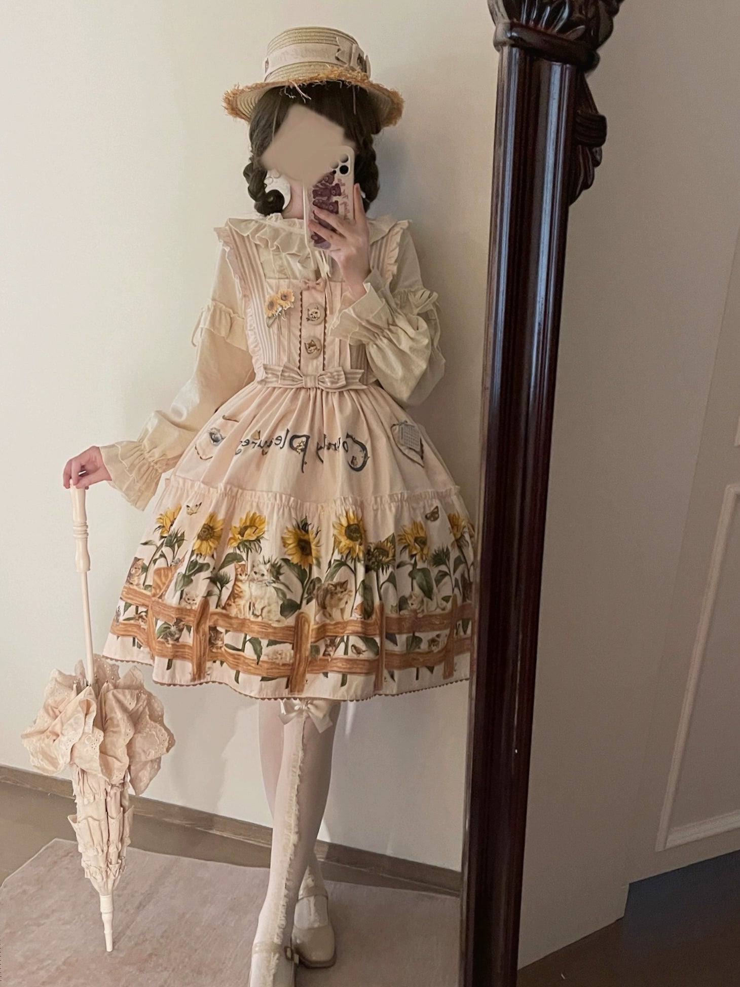 Polaris Lolita - Cat and Sunflower - Sweet Lolita JSK Cat and Sunflower Print Dress and Headdress Set