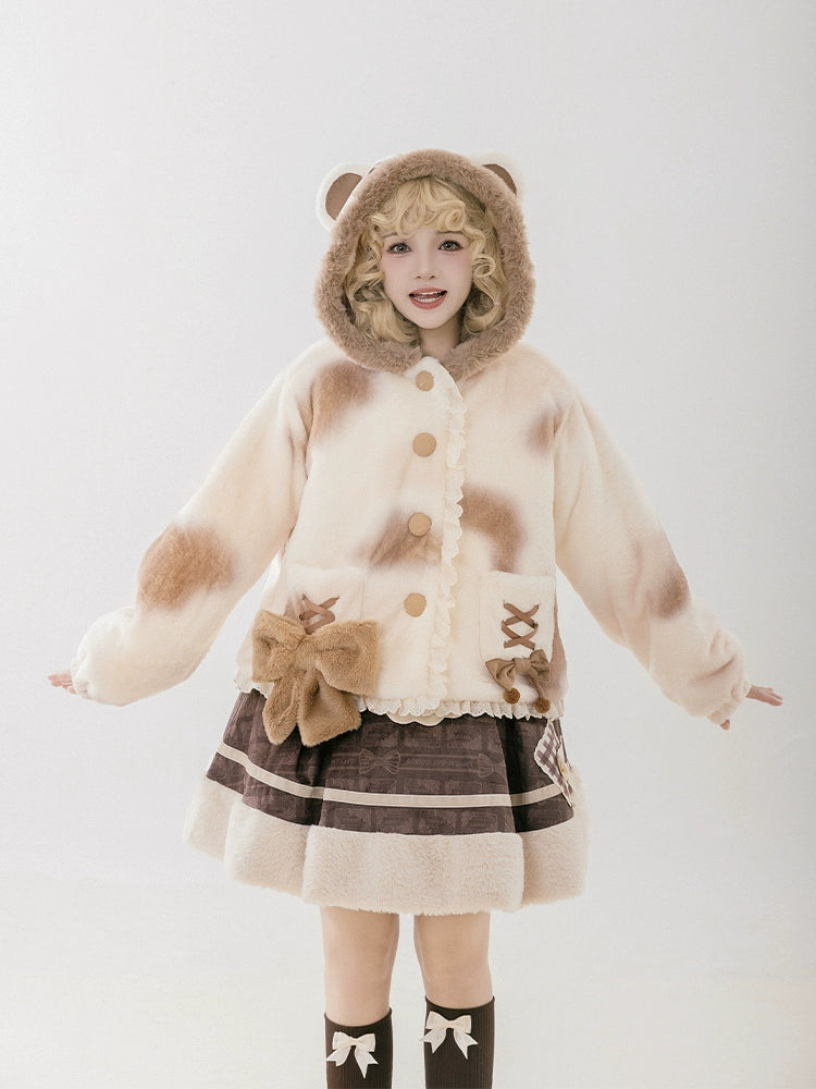 With PUJI~Mocha Bear~Winter Hooded Bear Ear Fleece Lolita Coat   