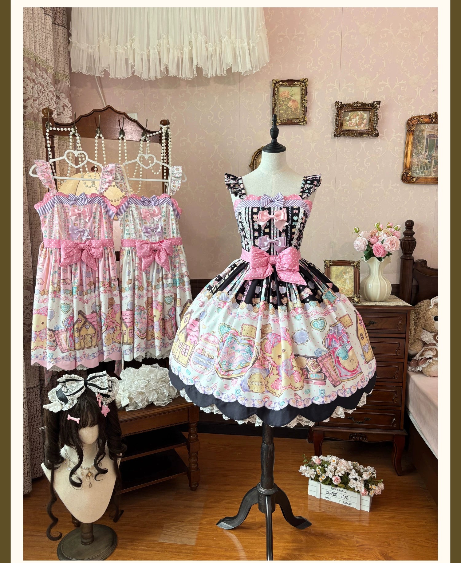 Sugar Frost Cookie - Old School Lolita Bear Dessert Printed JSK Dress 45661:857379