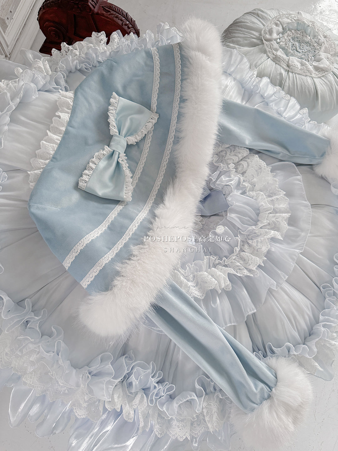 POSHEPOSE~Chuling Swan Lake~Sweet Lolita JSK Set Velvet Blue Dress for Prom 42865:755845