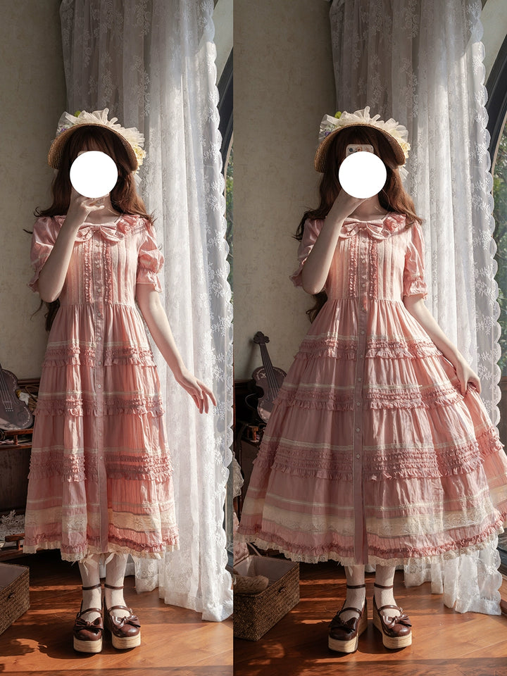 Miss Point~Cat Rose Tea~Elegant Lolita OP Open-front Short Sleeve Tiered Dress 42135:727778