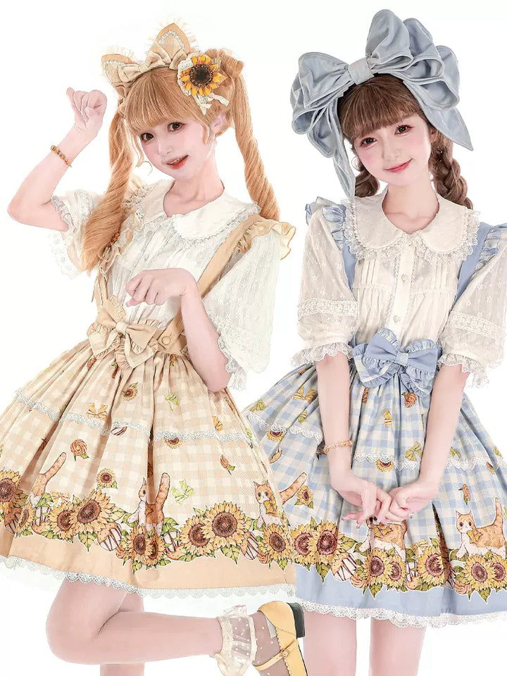 Chaton Jardin~Sunny Cat~Sweet Lolita Suspenders SK Sunflower Print Lolita Skirt   