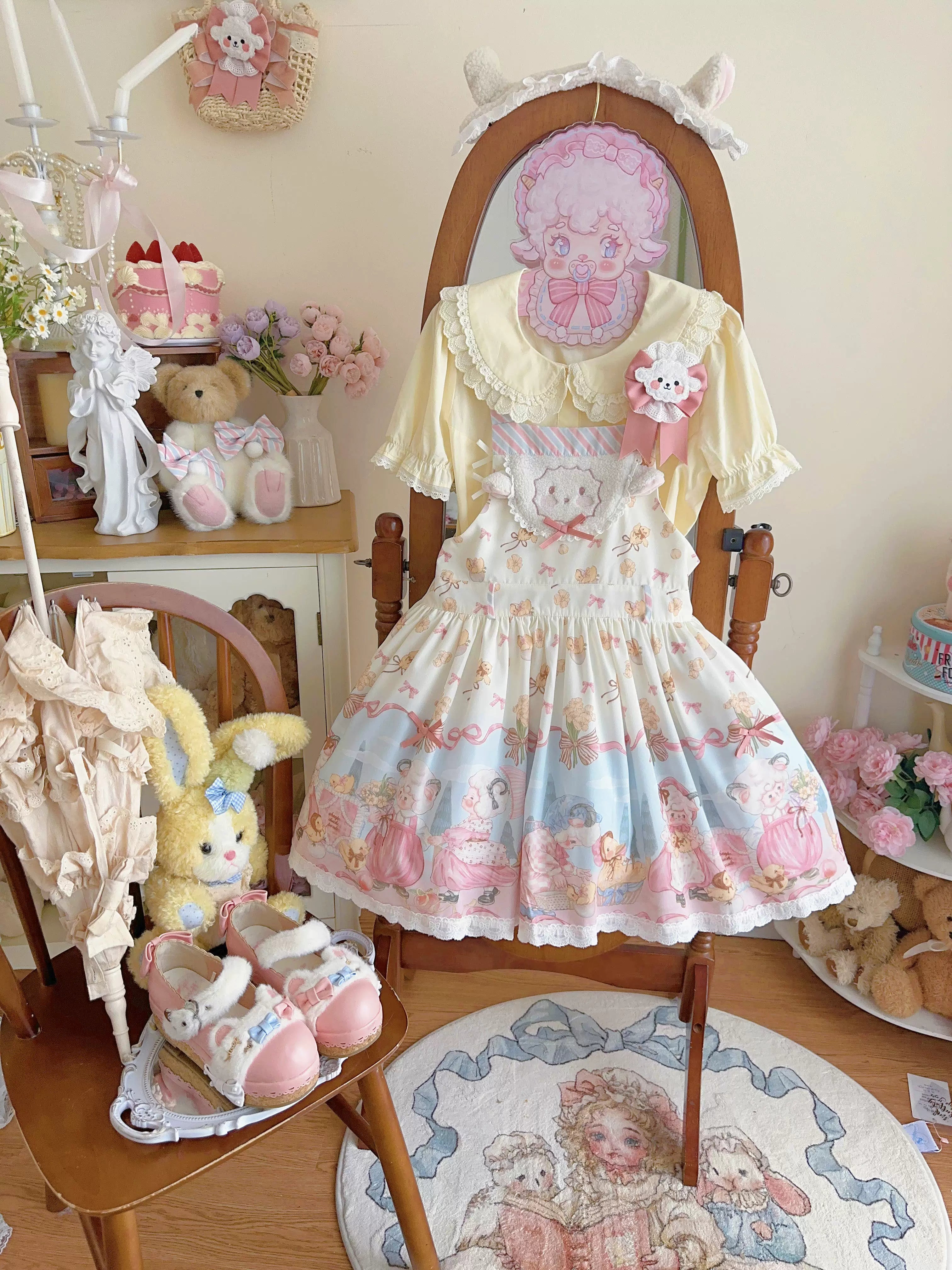 MeowMeow - Dance of the Lambs - Kawaii Lolita Salopette Dress With Cute Animal Prints Beige - Salopette + Waist Tie + Side Clip/Pair (or badge replacement) S
