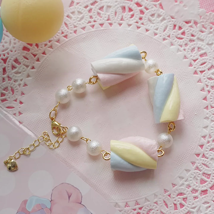 Cat Tea Party~Sweet Lolita Accessories Simulated Cotton Candy Clay Bracelet Necklace White and blue bracelet  