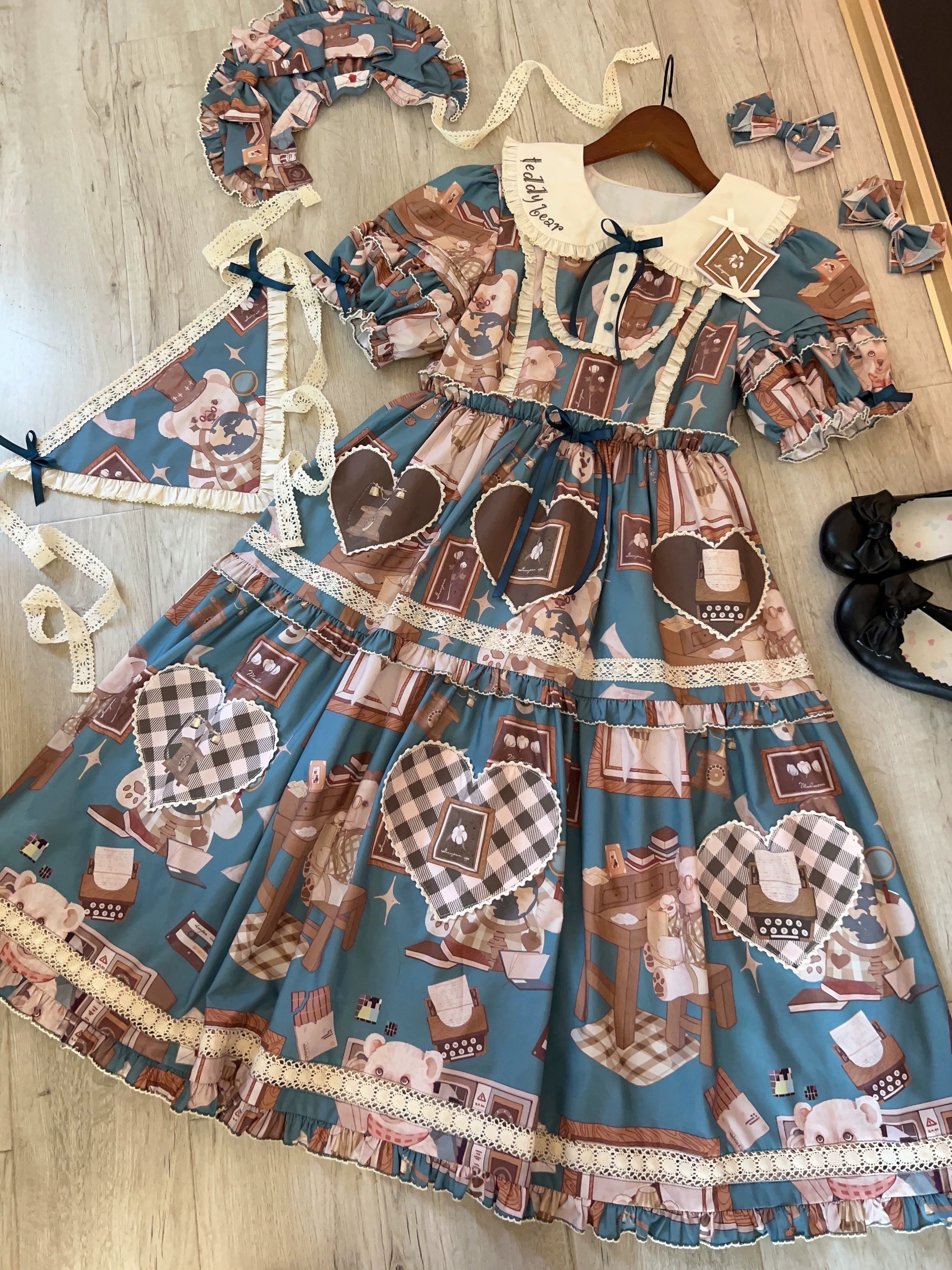 Babyblue - Gretel Bear - Vintage Lolita Dress Teddy Bear Prints Dress S Green OP