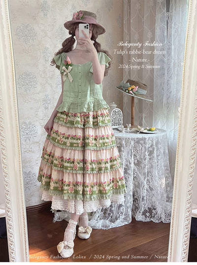 Beleganty~Tulip's Rabbit-Bear Dream~Sweet Lolita SK Suit Lolita Flutter Sleeve Top Blue green - Short SK S 