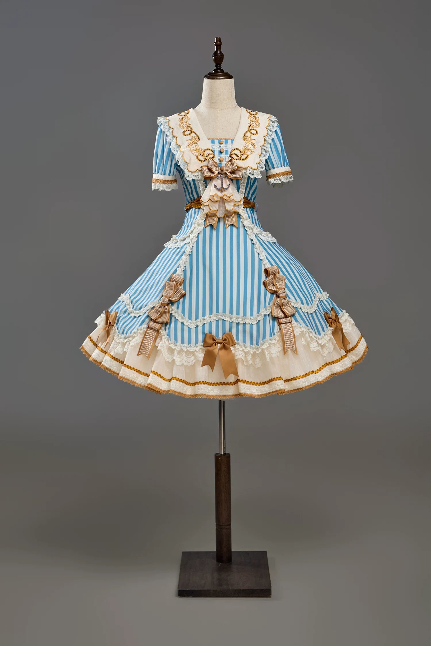 Antique Naval Bear - Striped Classic Lolita Sailor Collar OP, Bear Embroidery (L M S XL XS) 45518:853997