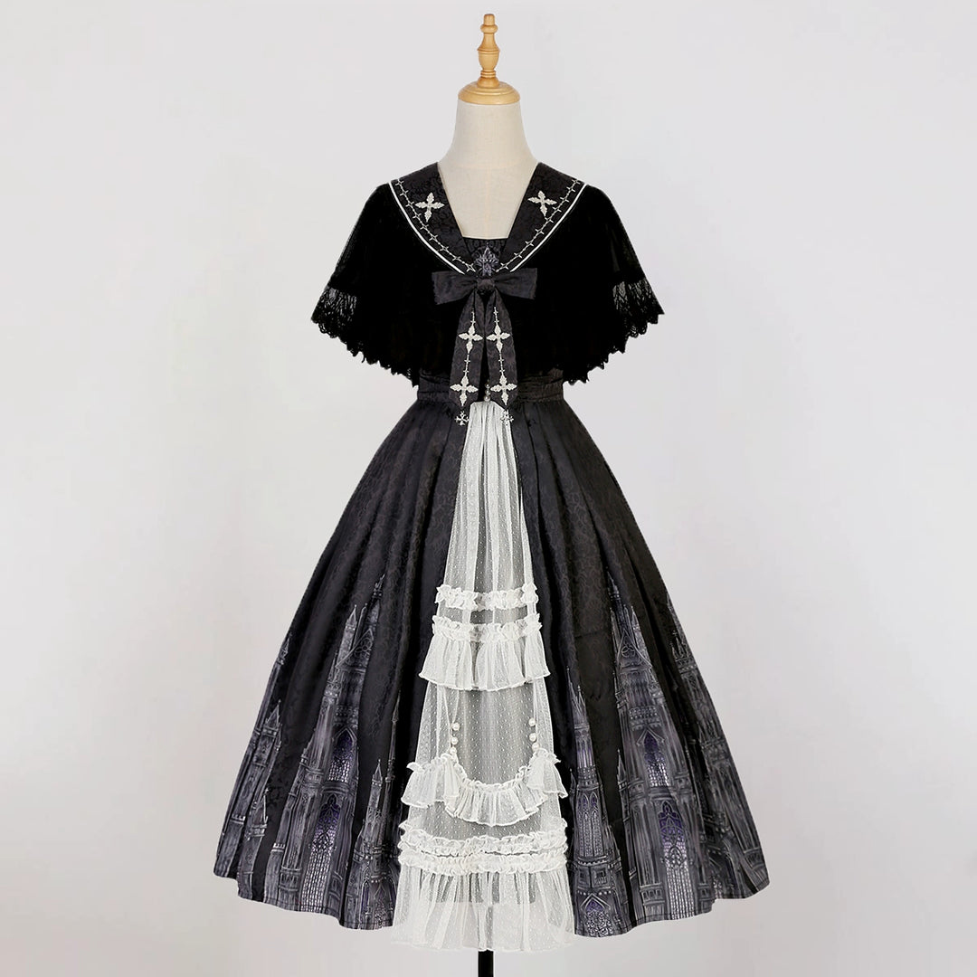 Cornfield Lolita~Silent Church~Gothic Lolita JSK Dress Printed Dress Thin Shawl Set S black thin shawl + JSK 