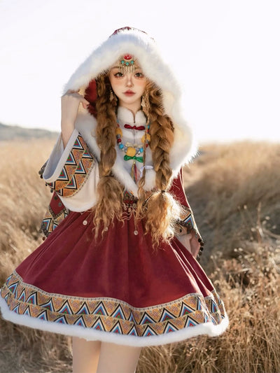 Sakurahime~Wish with God~Winter Lolita JSK Dress Three-piece Set Tibetan Style S JSK+ coat+cape 