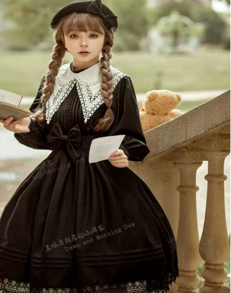 Dawn and Morning~Morning Fairy~Classic Lolita OP Elegant and Noble Dress XS Black(with detachable belt and waist bow) 