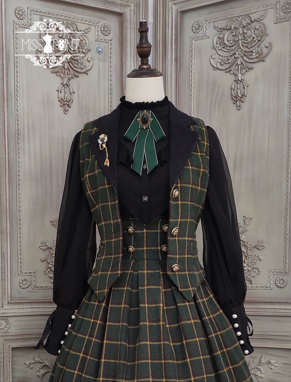 (BFM)Miss Point~Rose~Elegant Lolita Pliad Print Vest Customized L dark green grid 