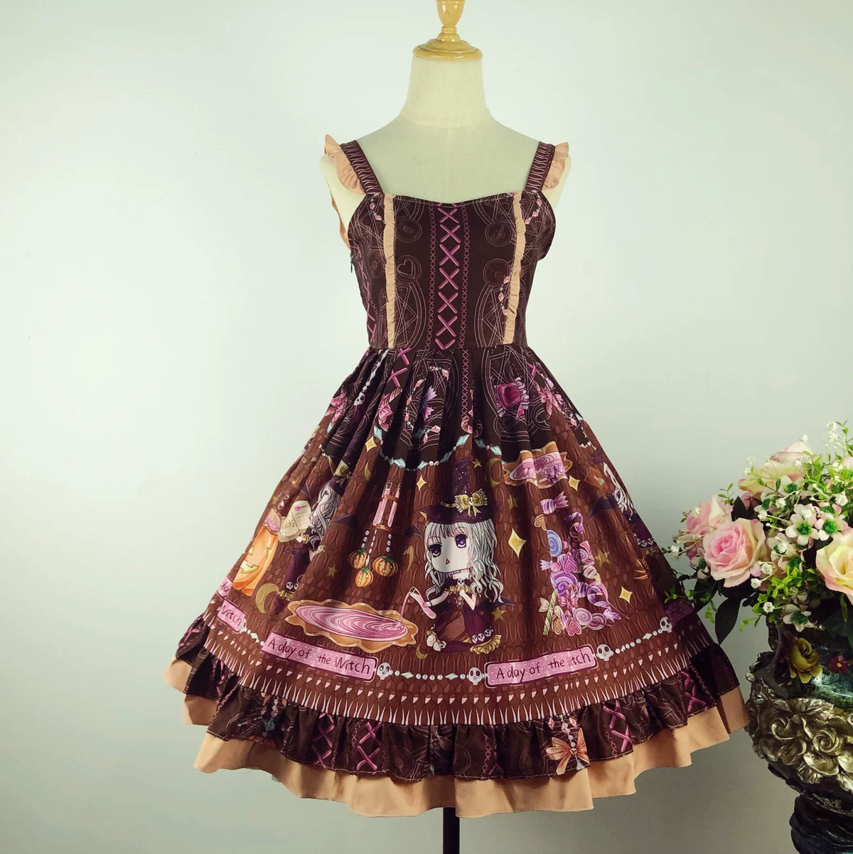 Halloween Sweet Lolita JSK Dress, Witch & Pumpkin Print (Brown / 2XL L S) 45945:869598