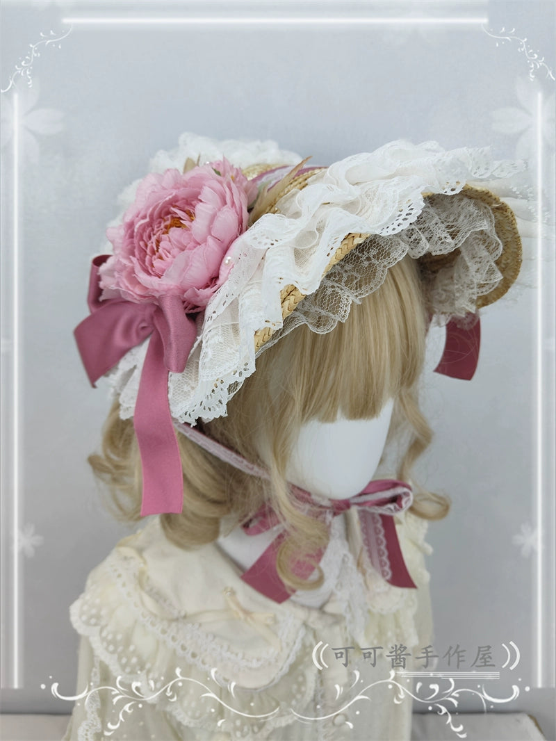 Cocoa Jam~Country Lolita Bonnet Lace Flower Flat Cap Multicolors Customized plum jam color  