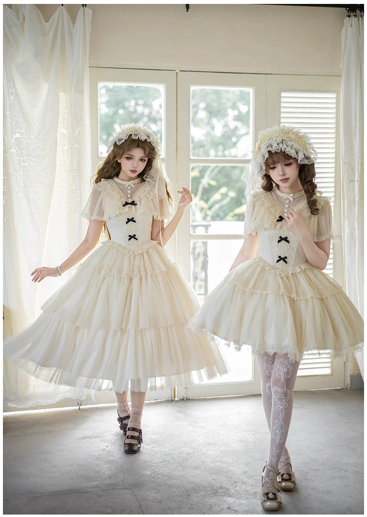 White Mist Promise - Classic Lolita Corset OP Set, Edwardian Collar & Tiered Hem 45173:838317