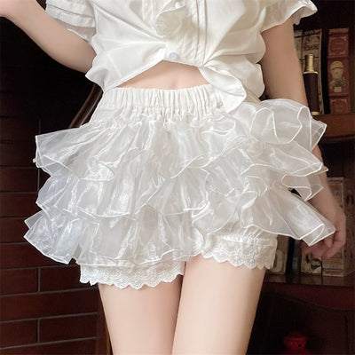 Sugar Girl~Cotton Lolita Bloomers Ruffled Hem Cake Pantskirt white free size 