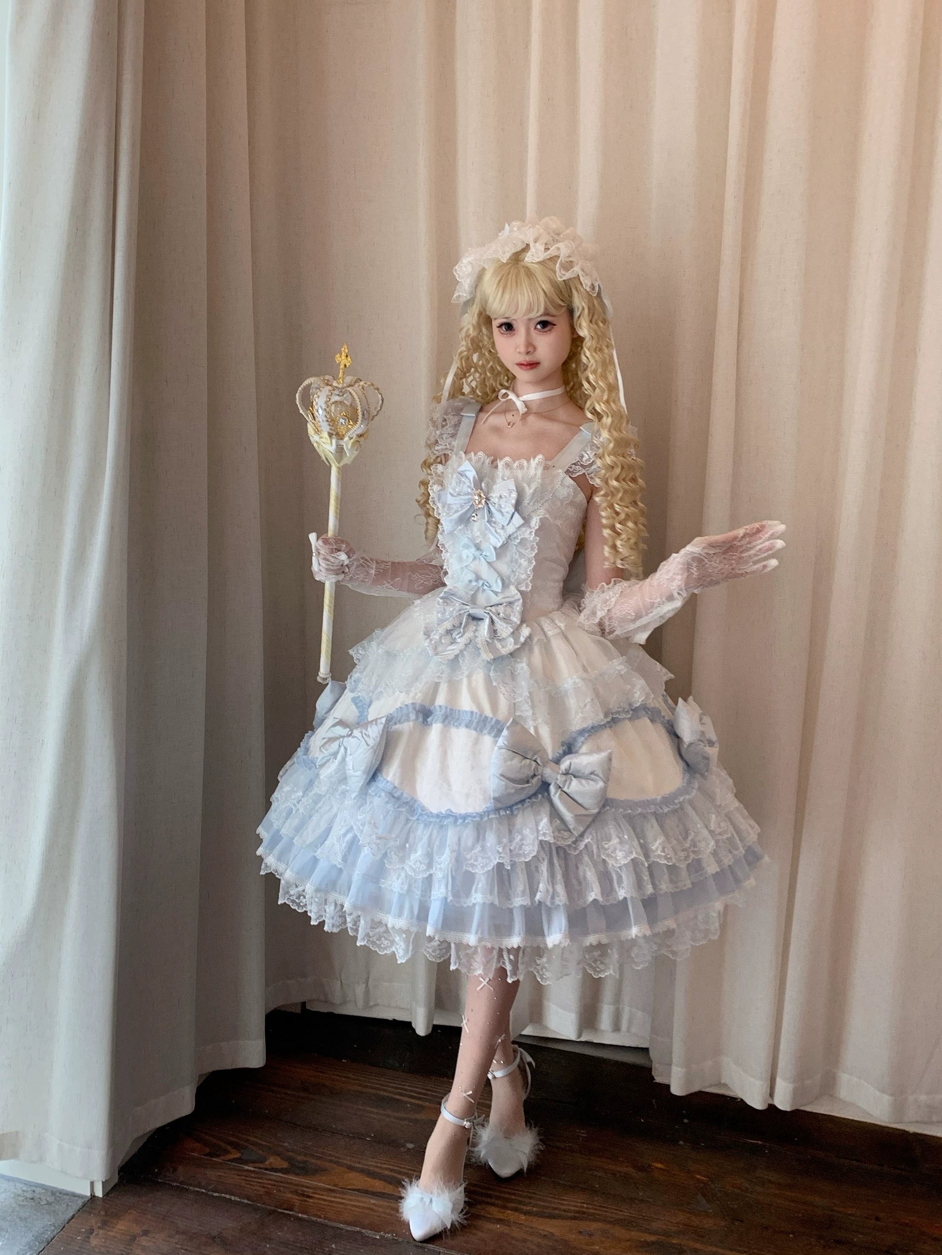 Floral Dream Isle - Sweet Lolita Doll-like JSK Dress, Bows & Lace (L M S) 44705:821053
